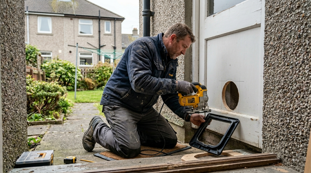 Handyman cutting and fitting a cat flap into the lower panel of a back door at a post-war semi in Kincorth, Aberdeen