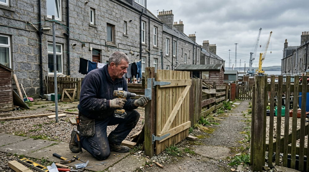 Handyman repairing a storm-damaged timber fence panel and re-hanging the back-green gate in the shared back court of a grey granite tenement terrace in Torry, Aberdeen