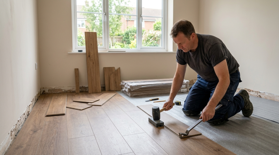 Handyman laying click-vinyl flooring, tapping a plank home with a pull bar, in the ground-floor room of a modern house in St Neots, Cambridgeshire