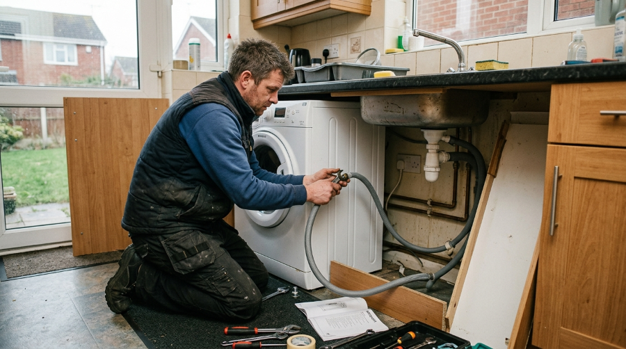 Handyman plumbing in a new washing machine under the worktop of a fitted kitchen in a red-brick terraced house in Ellesmere Port, Cheshire
