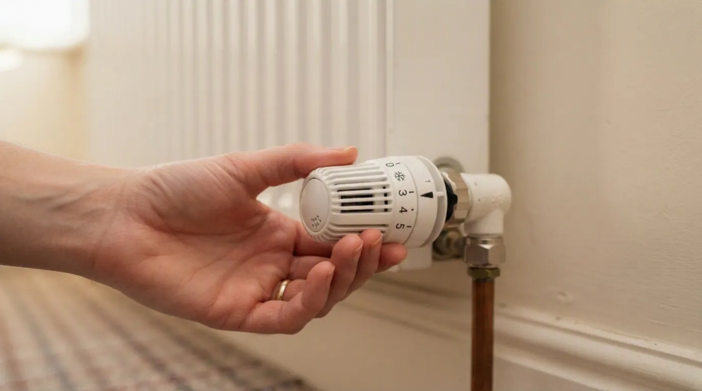 A person bleeding a radiator with a bleed key and a cloth in a UK living room