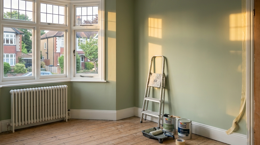 Decorator cutting in along the ceiling of a UK bedroom with a brush and roller