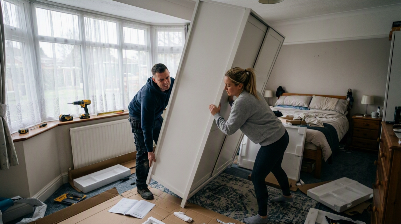 Flat-pack wardrobe panels and an Allen key laid out on a UK bedroom floor mid-assembly