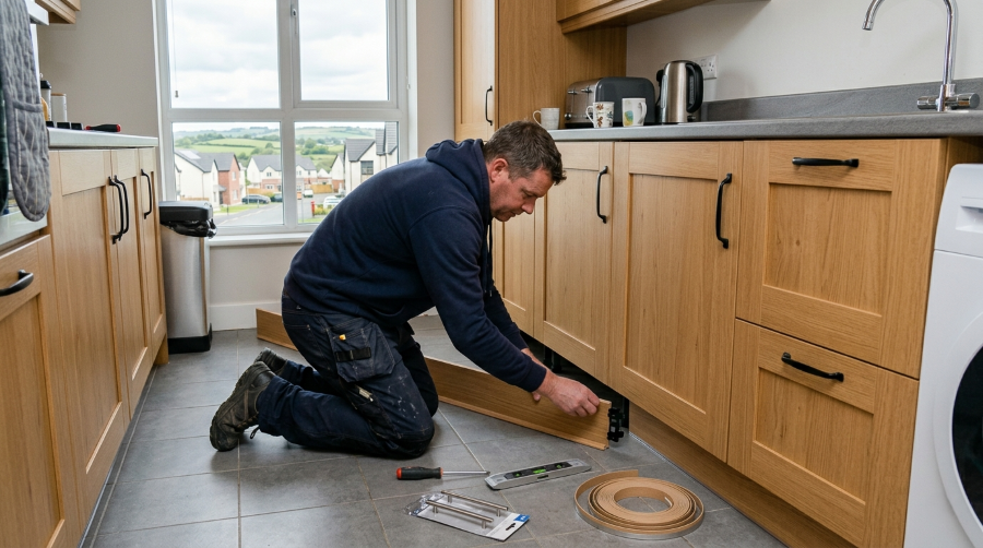 Handyman fitting a framed glass bath screen to the side of the bath in the bathroom of a 1930s semi-detached house in Holywood, near Bangor