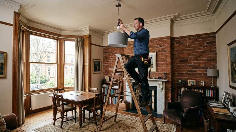 Handyman up a stepladder swapping a ceiling pendant light and fitting a new lampshade in a high-ceilinged red-brick Victorian villa living room on the Malone Road in Belfast