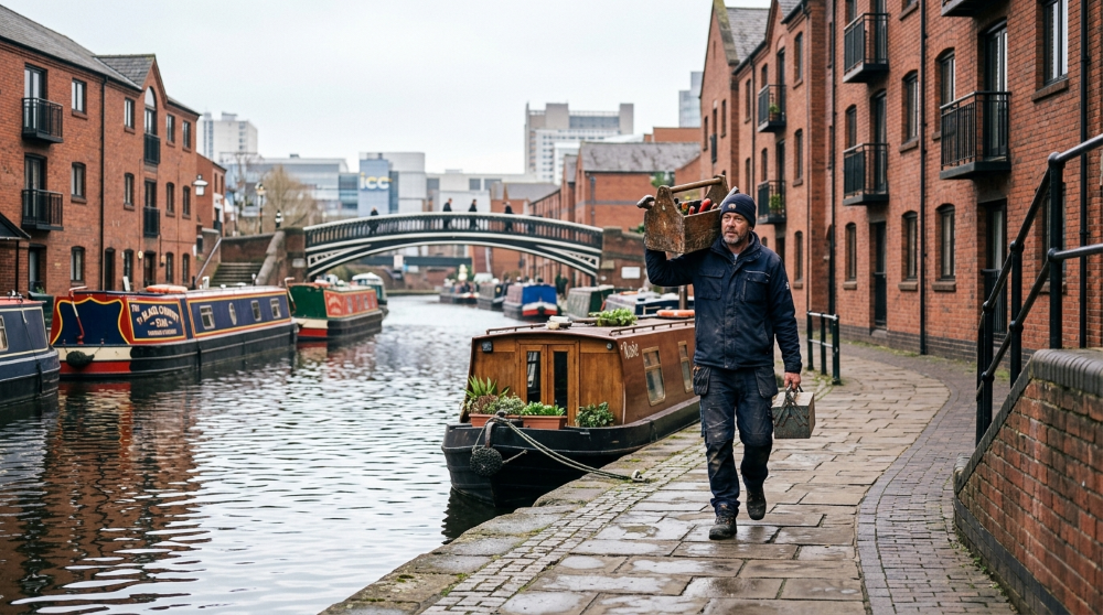 Handyman carrying a toolbox past red-brick terraced houses on a Birmingham street