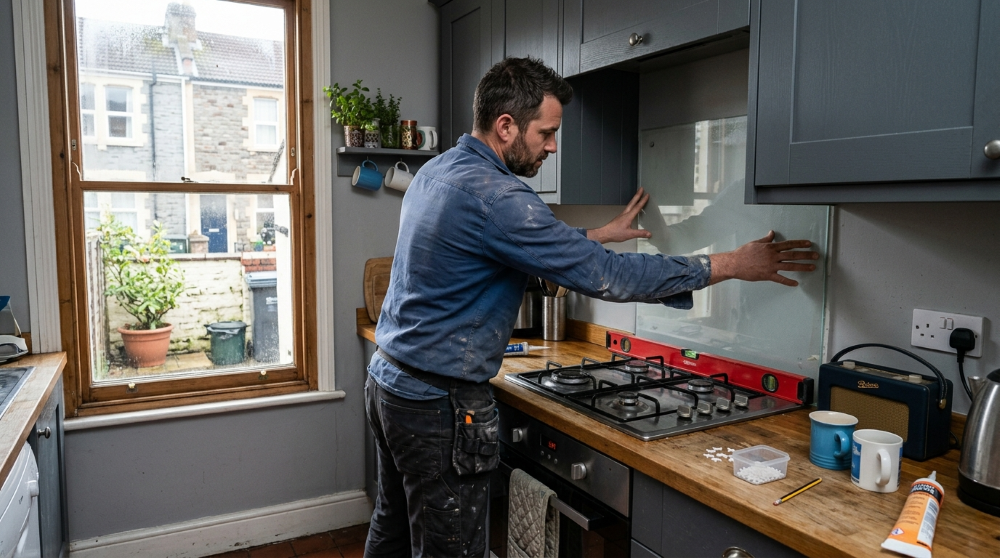 Handyman swapping a thermostatic radiator valve on a cast-iron radiator in a Georgian Clifton flat in Bristol
