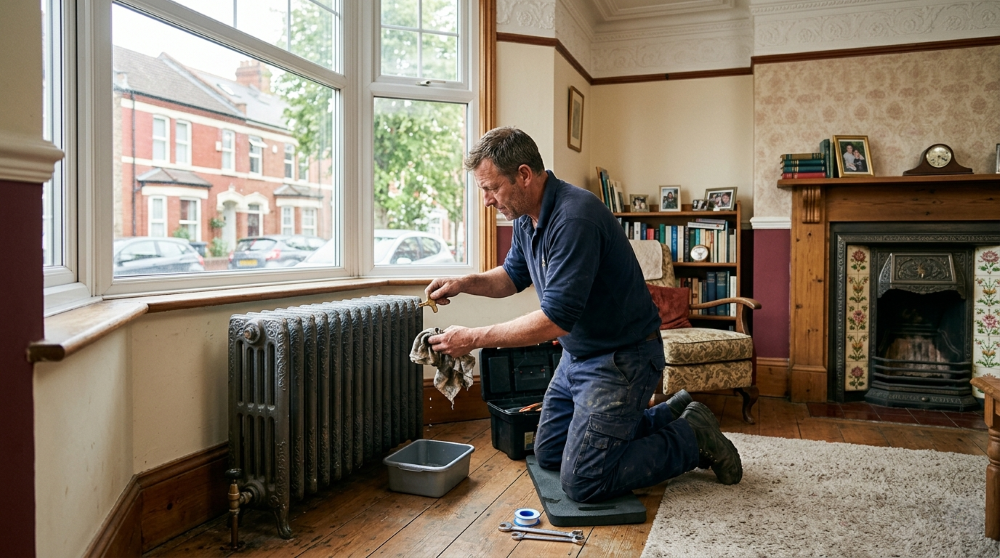 Handyman bleeding and balancing a cast-iron radiator in the bay-fronted living room of a Victorian terraced house in Cathays, Cardiff