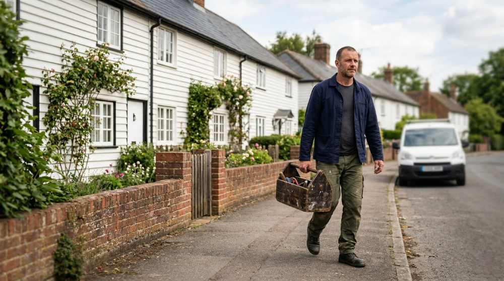 Handyman carrying a toolbox past a row of white weatherboarded cottages in an Essex town