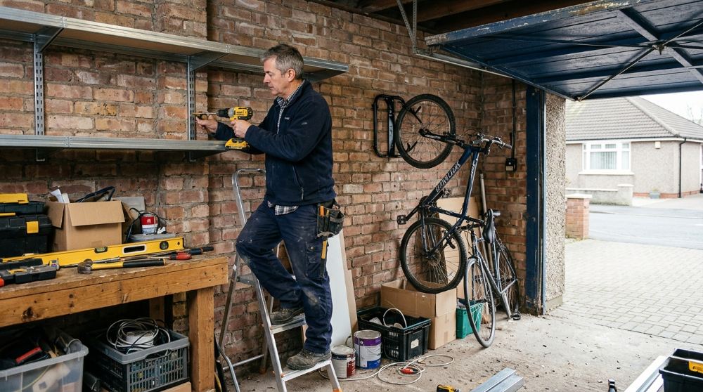 Handyman fixing heavy-duty steel shelving and a wall bike rack in the garage of a 1930s pebbledashed bungalow in Corstorphine, Edinburgh