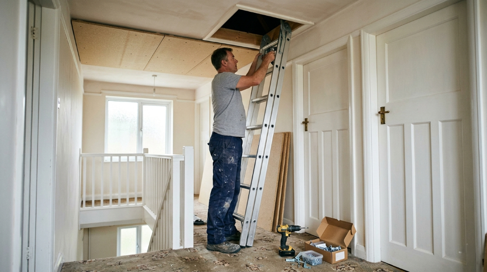 Handyman fitting a loft ladder and boarding the loft hatch in a 1930s bay-fronted semi in Exeter, Devon