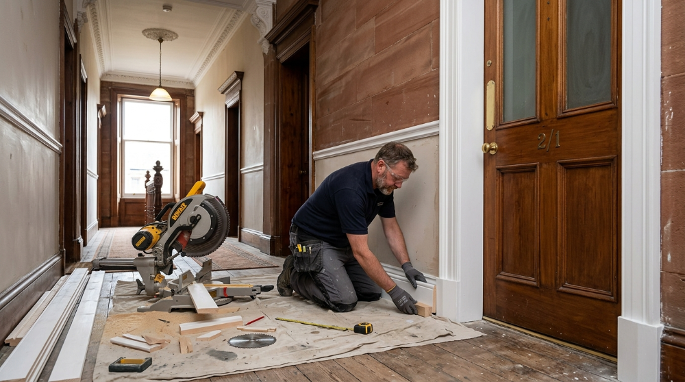 Handyman cutting and fixing new skirting board and door architrave along the high-ceilinged hallway of a red-sandstone Glasgow tenement