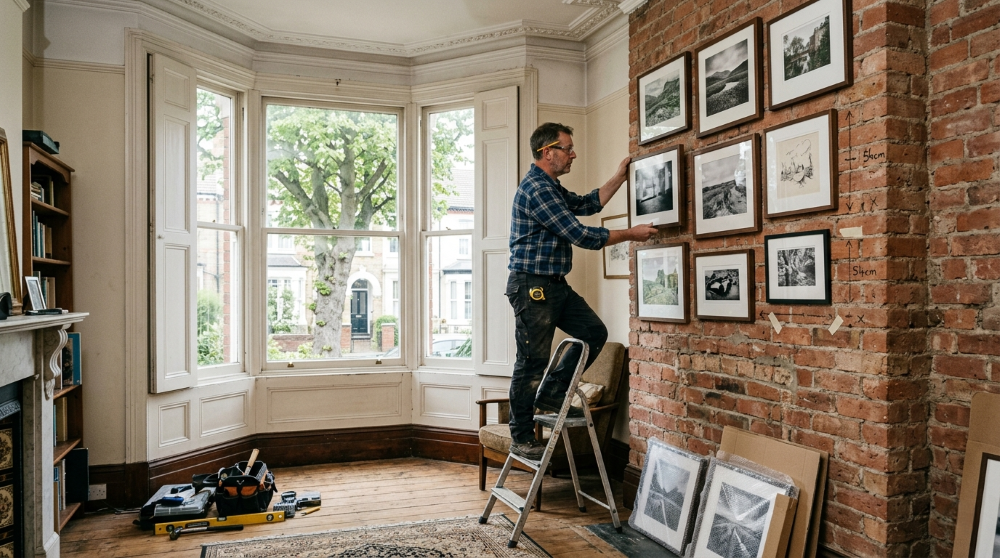 Handyman fitting a wall-mounted mirror cabinet and towel rail in the bathroom of a red-brick terraced house off Hessle Road in Hull