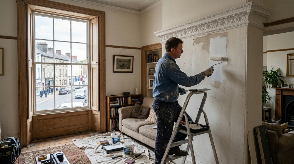 Handyman filling, sanding and painting a damaged wall patch beside period cornicing in the high-ceilinged living room of an elegant Georgian terraced house on the main street of Moira, near Lisburn