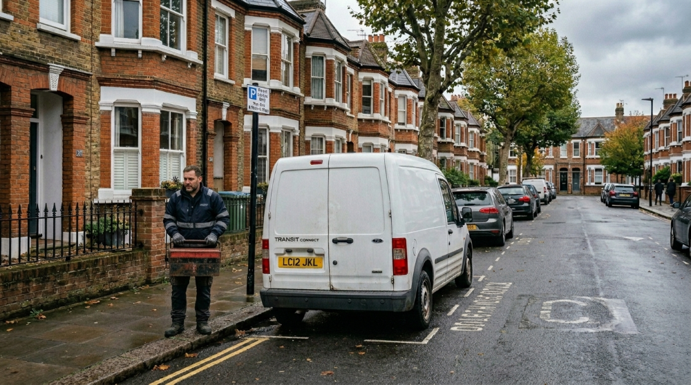 Handyman with a toolbox on a London street of Victorian terraced houses
