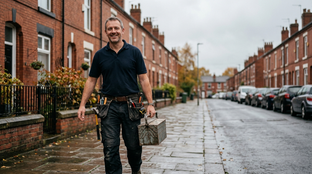 Handyman with a toolbox on a Manchester street of red-brick terraced houses