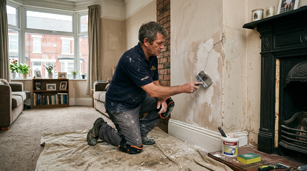 Handyman filling and sanding a cracked plaster patch on a chimney breast in a red-brick Victorian terrace in Middlesbrough, Teesside