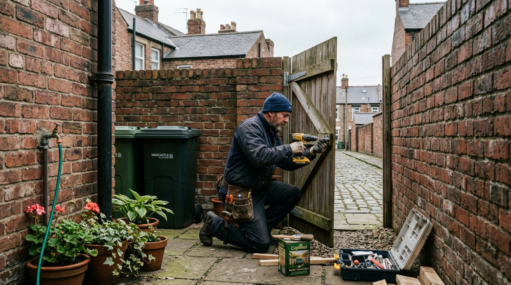Handyman carrying a toolbox past classical sandstone terraced houses in Newcastle upon Tyne