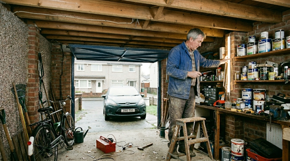Handyman realigning kitchen cupboard doors and fitting new soft-close hinges in a post-war estate kitchen in Ringland, Newport