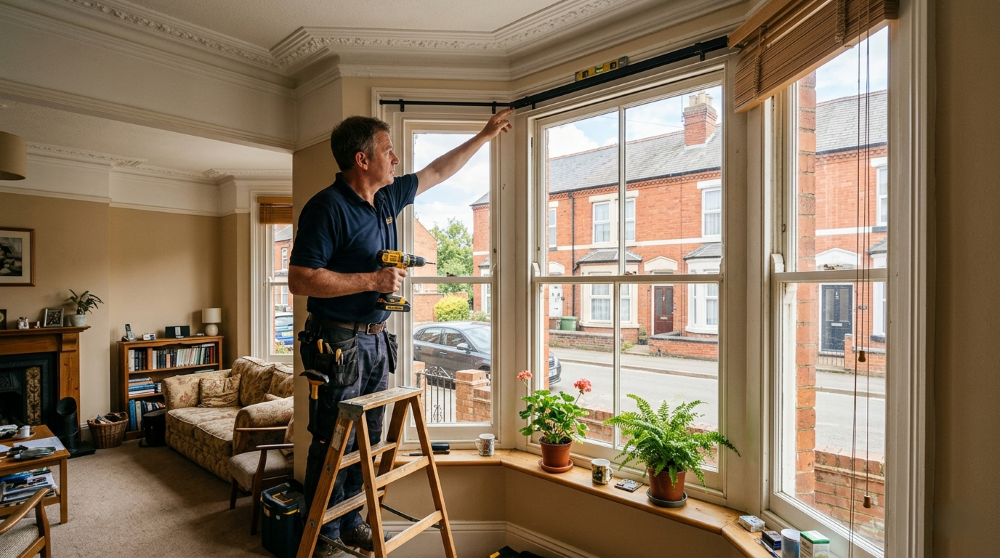 Handyman fitting wooden venetian blinds to a bay window in a red-brick bay-fronted Victorian terrace front room in Abington, Northampton