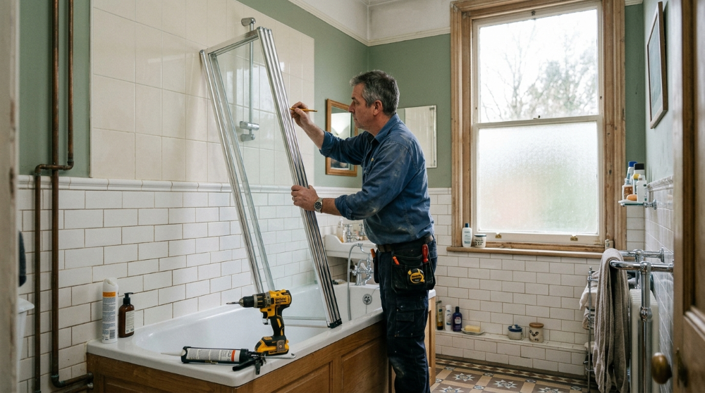 Handyman fitting an aluminium loft ladder and boarding around the hatch on the landing of a 1930s Preston bay-fronted semi