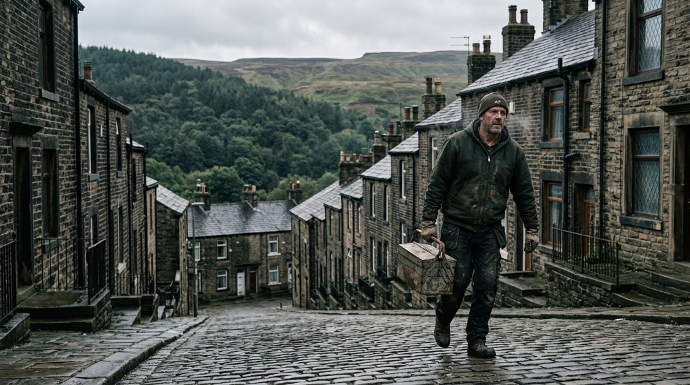 Handyman with a toolbox on a hilly Sheffield street of stone-built terraced houses