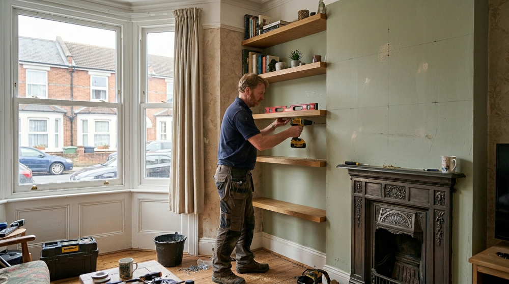 Handyman fitting floating alcove shelves beside the chimney breast in a Portsmouth bay-windowed Victorian terrace front room