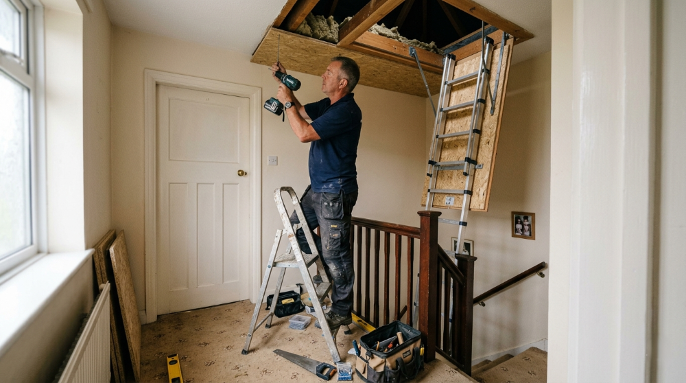 Handyman fitting a loft ladder and boarding the hatch on the landing of a 1930s bay-fronted semi in Sketty, Swansea
