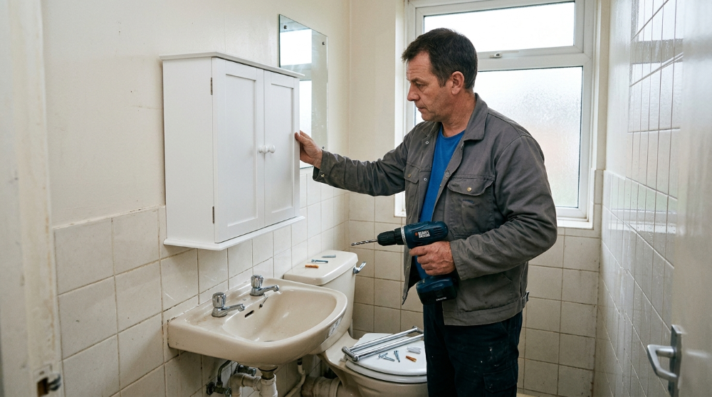 Handyman fitting a wall-mounted bathroom cabinet and towel rail above the basin in a post-war Caia Park estate house bathroom in Wrexham