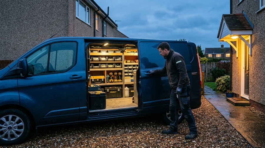 UK handyman checking an insurance certificate beside his work van and tools
