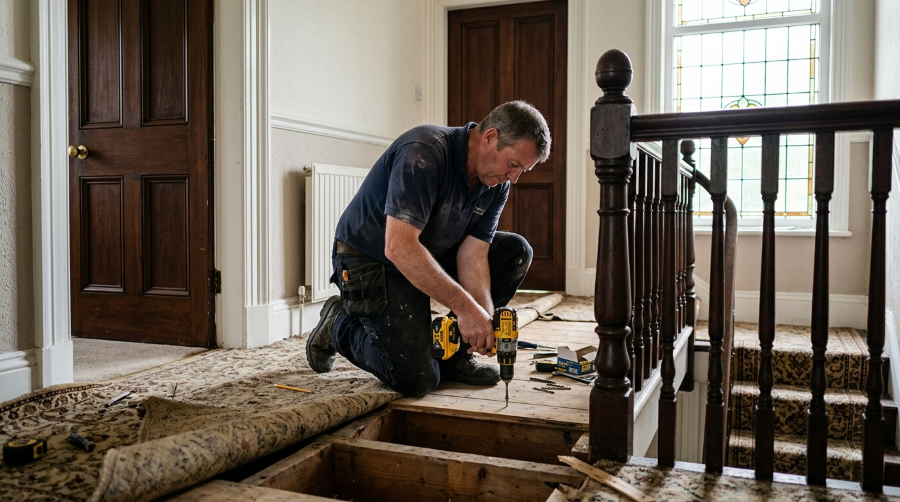 Handyman wall-mounting a large flat-screen TV and concealing the cables in trunking on the chimney breast of a living room in a Newtownards estate house