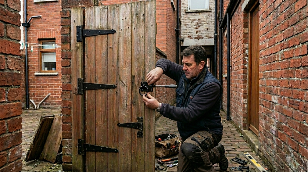 Handyman re-hanging a timber back-yard gate and fitting a new latch in the narrow brick rear entry of a red-brick terrace in the Falls, west Belfast