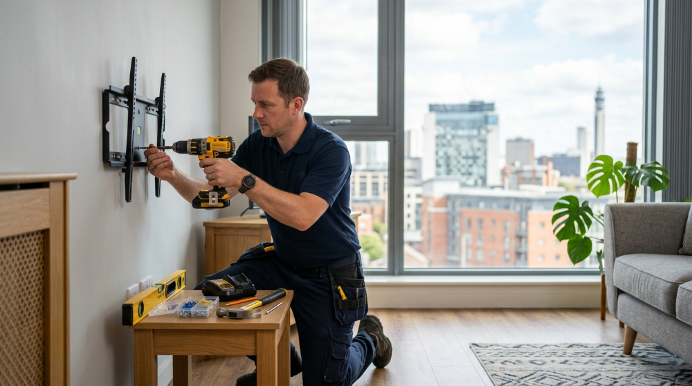 Handyman fixing a window in a Birmingham flat with red-brick terraces visible outside