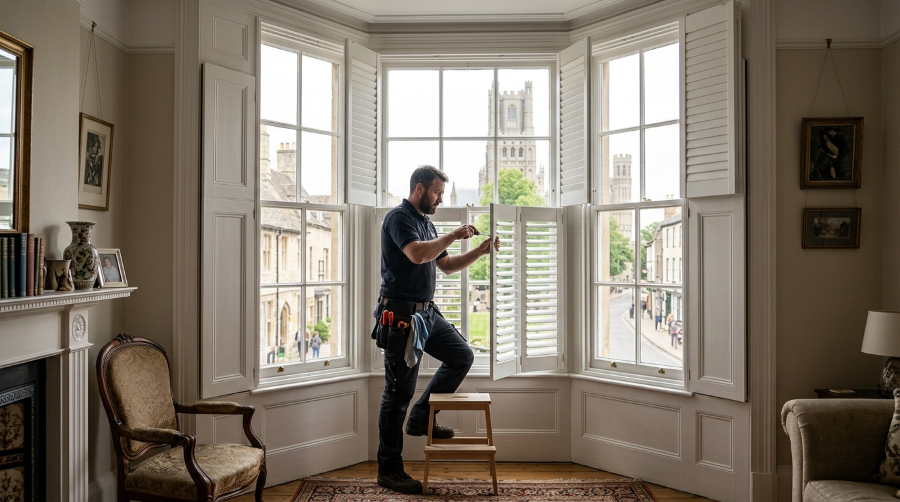 Handyman fitting plantation shutters to the bay window of a Georgian townhouse in Ely, Cambridgeshire