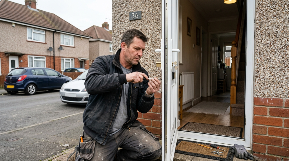 Handyman fitting a multipoint lock and euro cylinder to the uPVC front door of a post-war semi on the Ely estate in Cardiff