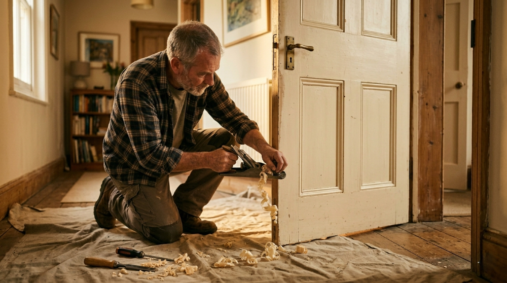 Handyman resealing a bathroom in an Essex home, toolbox and sealant gun on the floor