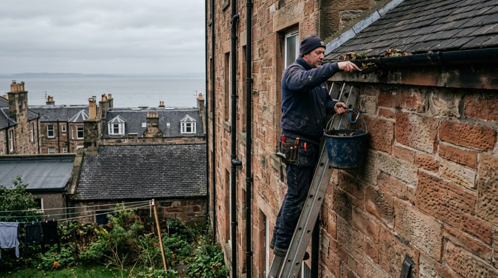 Handyman up a ladder clearing and re-fixing a cast-iron rainwater gutter on a salt-weathered Victorian seaside tenement in Portobello, Edinburgh