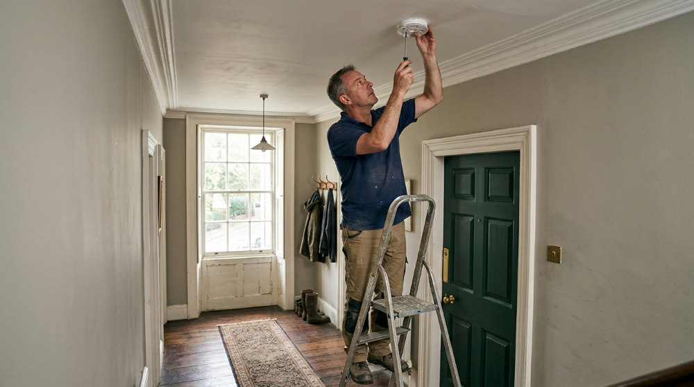 Handyman adjusting a uPVC front-door multipoint lock on a 1930s semi in Exeter, Devon