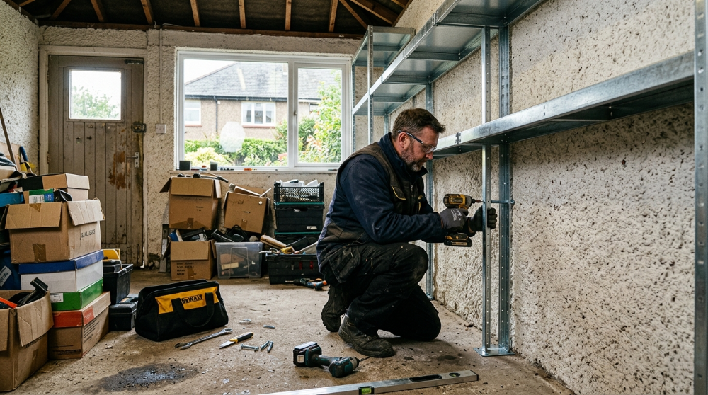 Handyman bolting heavy-duty steel shelving racks to the garage wall of a 1930s roughcast-rendered Knightswood semi in Glasgow