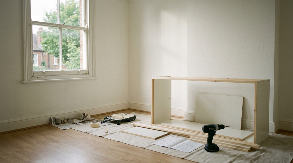 Handyman easing a sticking door in a mock-Tudor Surrey home, toolbox and tools on the floor