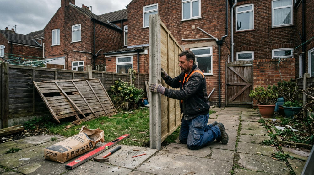 Handyman repairing a storm-damaged timber fence panel in the back garden of a red-brick terraced house in east Hull