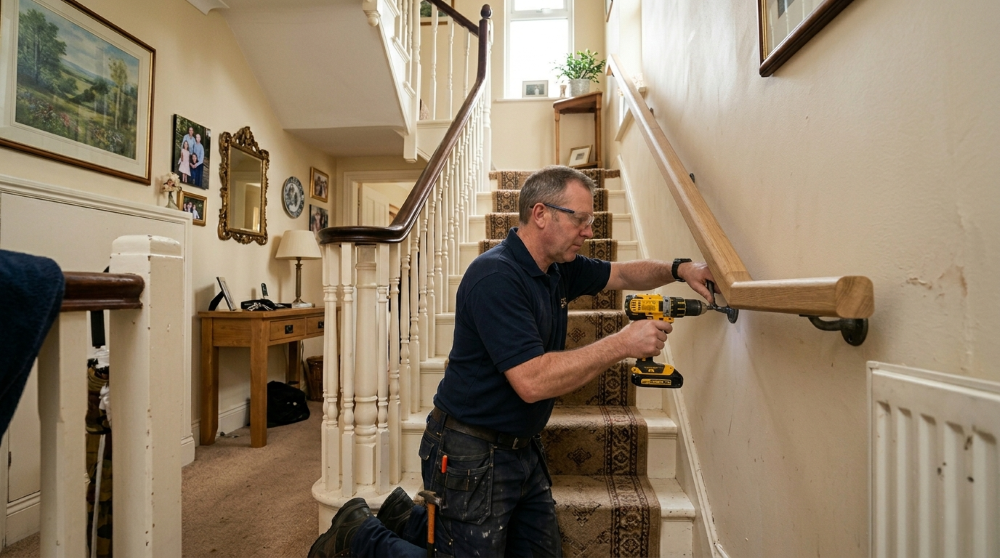 Handyman fitting a timber grab handrail to the wall alongside a carpeted staircase in an older bungalow in Royal Hillsborough, near Lisburn