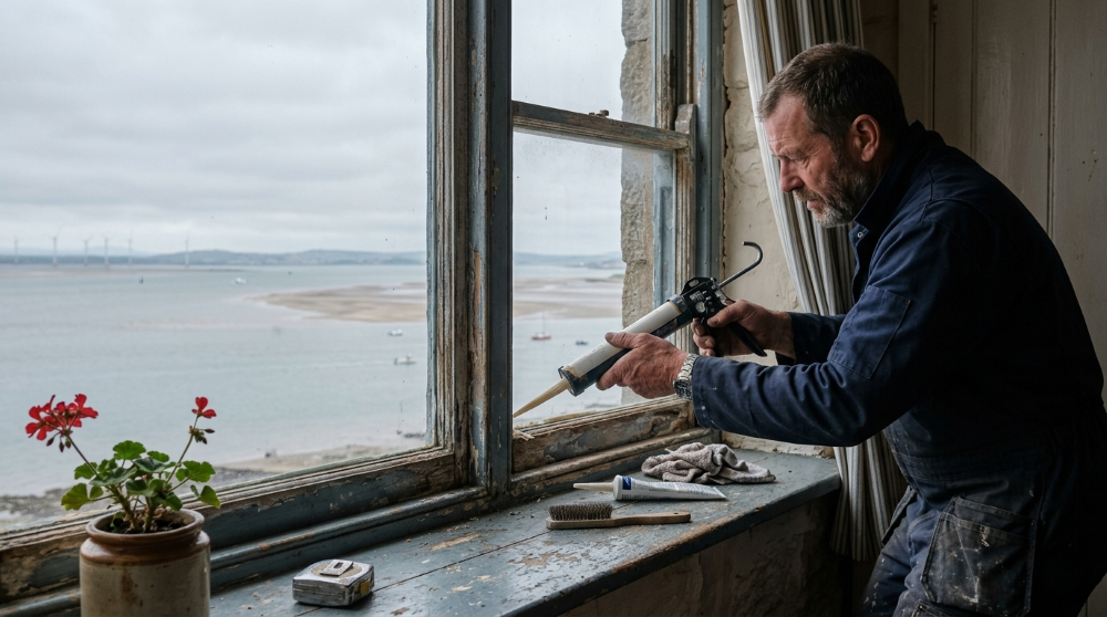 Handyman fixing a window in a Liverpool flat with the waterfront and red-brick terraces beyond