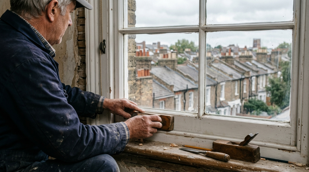 Handyman fixing a sash window in a London flat with terraced rooftops outside