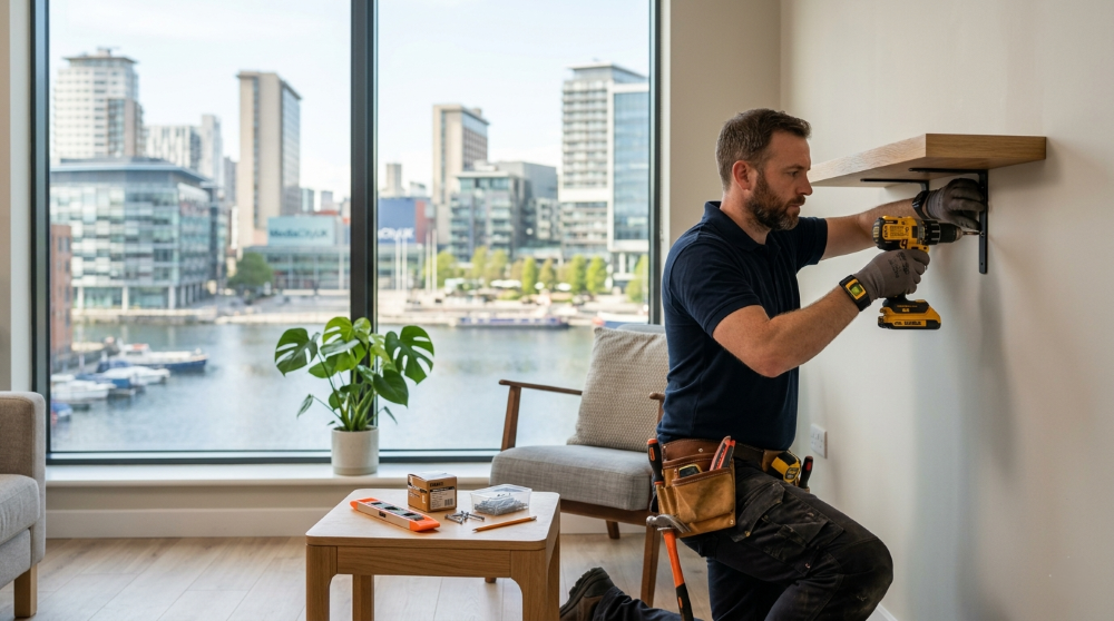 Handyman fixing a window in a Manchester flat with red-brick terraces outside