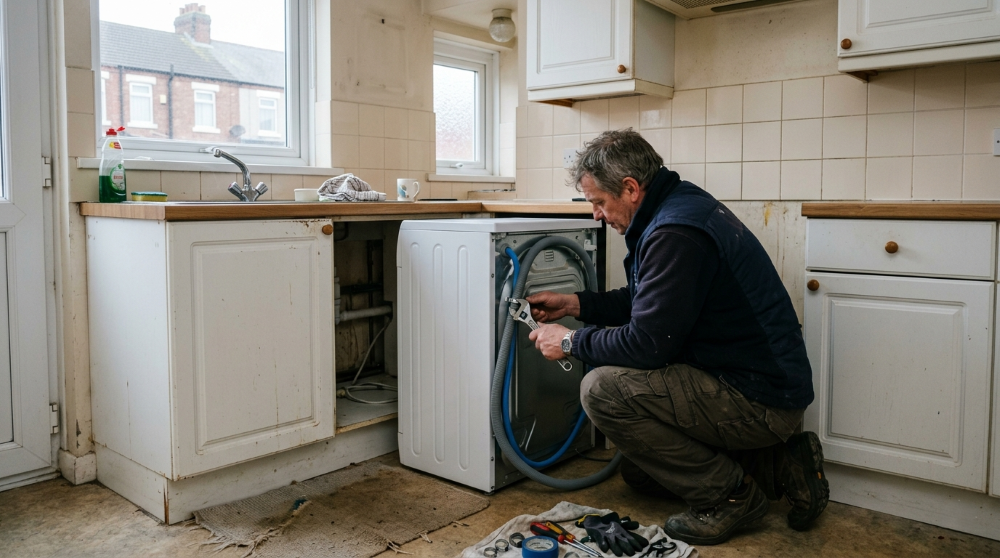 Handyman plumbing in a washing machine under the kitchen worktop in a red-brick Victorian terrace in Middlesbrough, Teesside