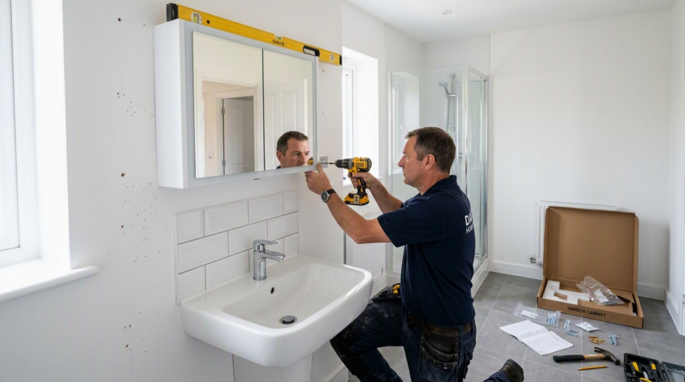 Handyman fitting a wall-mounted mirror cabinet in a Milton Keynes new-build bathroom, Buckinghamshire