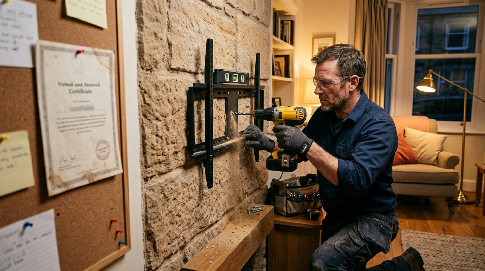 Handyman fixing a window in a Newcastle Tyneside flat with brick terraces and the Tyne bridges beyond