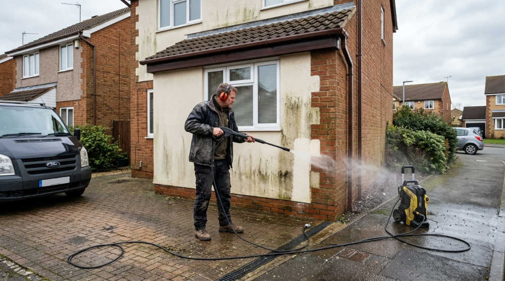 Handyman pressure washing the brick-and-render exterior wall of a modern new-build estate house in Hunsbury, Northampton