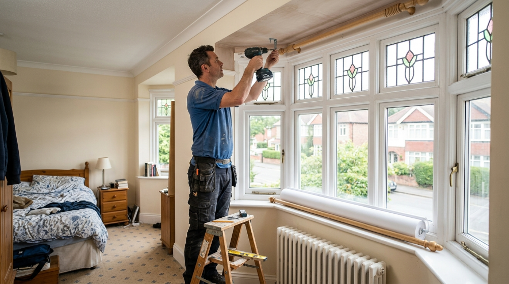 Handyman fitting a roller blind and curtain pole at the bay window of a West Bridgford 1930s bay-fronted semi
